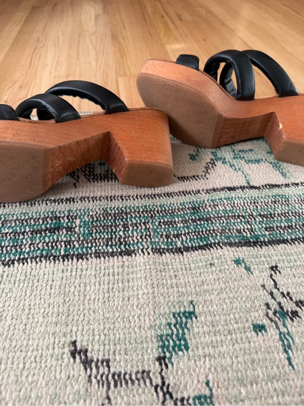 Free People Black Leather Triple-Strap Wooden Platform Sandals